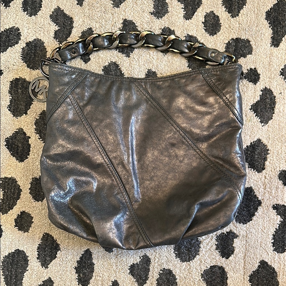 Michael Kors Collette Gunmetal Leather Shoulder Bag